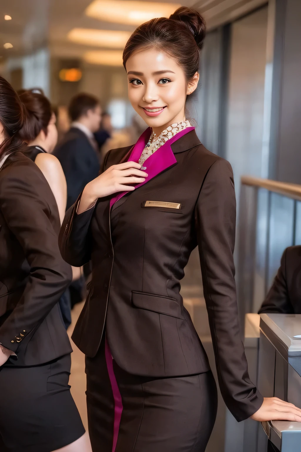 (masterpiece:1.2、highest quality:1.2)、32K HDR、High resolution、(alone、1 girl、Slim figure)、(A realistic reproduction of the ETIHAD Airways Cabincrew Uniform)、 (At the airport counter, Professional Lighting)、Airport counter wall background、A proper woman, Beautiful Face,、(Long sleeve ETIHAD Airways Cabincrew Uniform)、(ETIHAD Airways Cabincrew Uniform skirt with purple stripe on the front)、(scarf on chest)、Big Breasts、(Long Hair Up、Hair Bun)、Dark brown hair、Long Shot、((Great hands:2.0))、((Harmonious body proportions:1.5))、((Normal limbs:2.0))、((Normal finger:2.0))、((Delicate eyes:2.0))、((Normal eyes:2.0)))、Beautiful standing posture、smile、Place your hands around your stomach