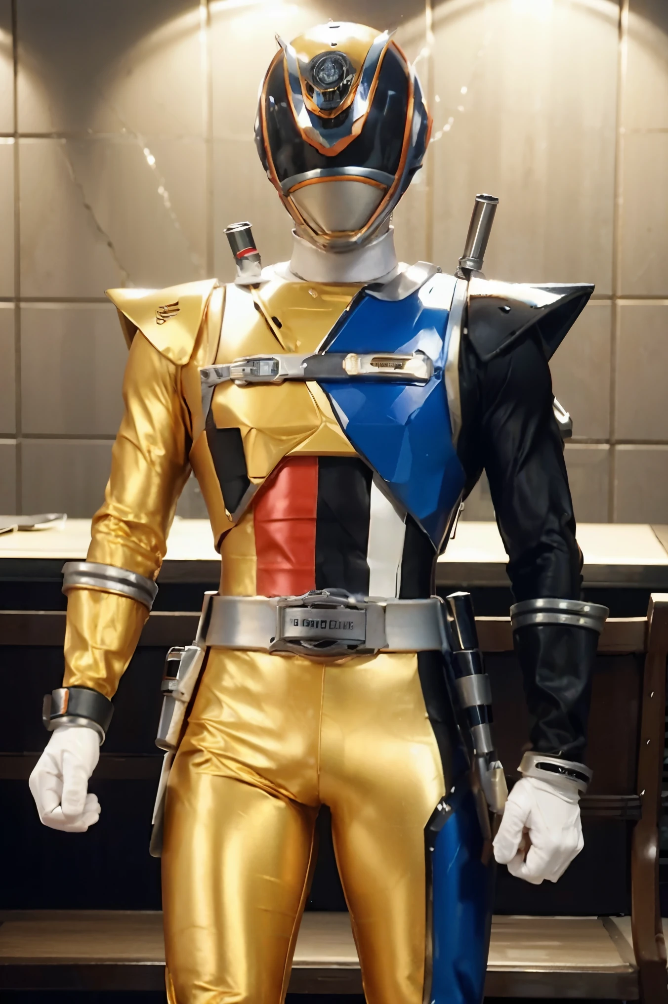 Fantasy background, cafe rpg style, empty chair, table, set of tea glass, (power rangers)), One guy、gold, white based, red and blue chest armor costume, Solo, ((fit figure)), (Anatomically correct), Cowboy shot, masked face, guns, muscular build