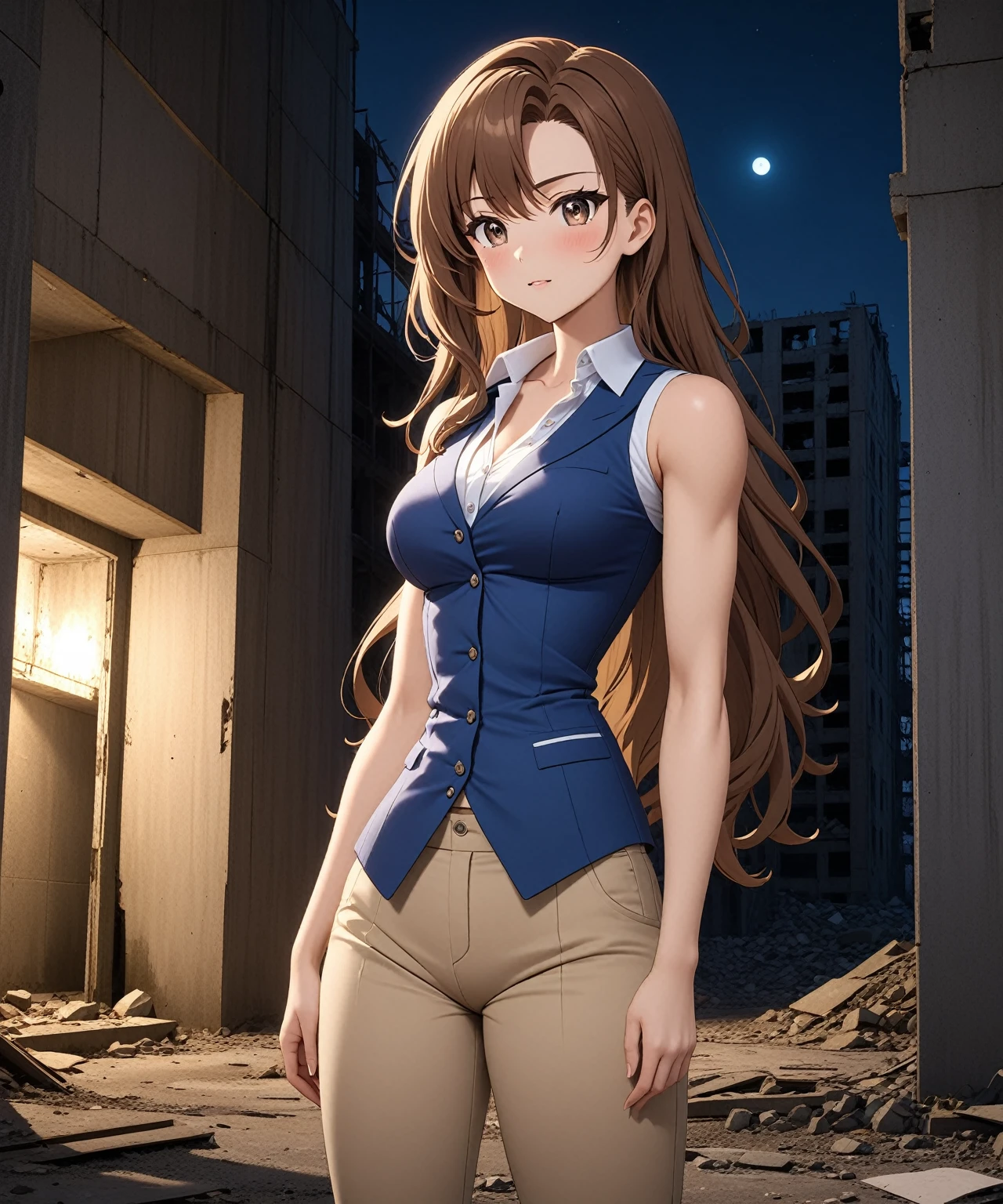 beautiful sexy anime girl with long brown hair & a muscular body, wearing white sleeveless button up collared shirt with a blue vest over it & beige khaki pants, in a abandoned urban construction site at night time, 1girl