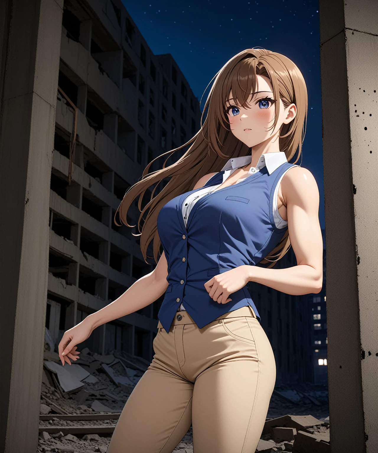 beautiful sexy anime girl with long brown hair & a muscular body, wearing white sleeveless button up collared shirt with a blue vest over it & beige khaki pants, in a abandoned urban construction site at night time, 1girl