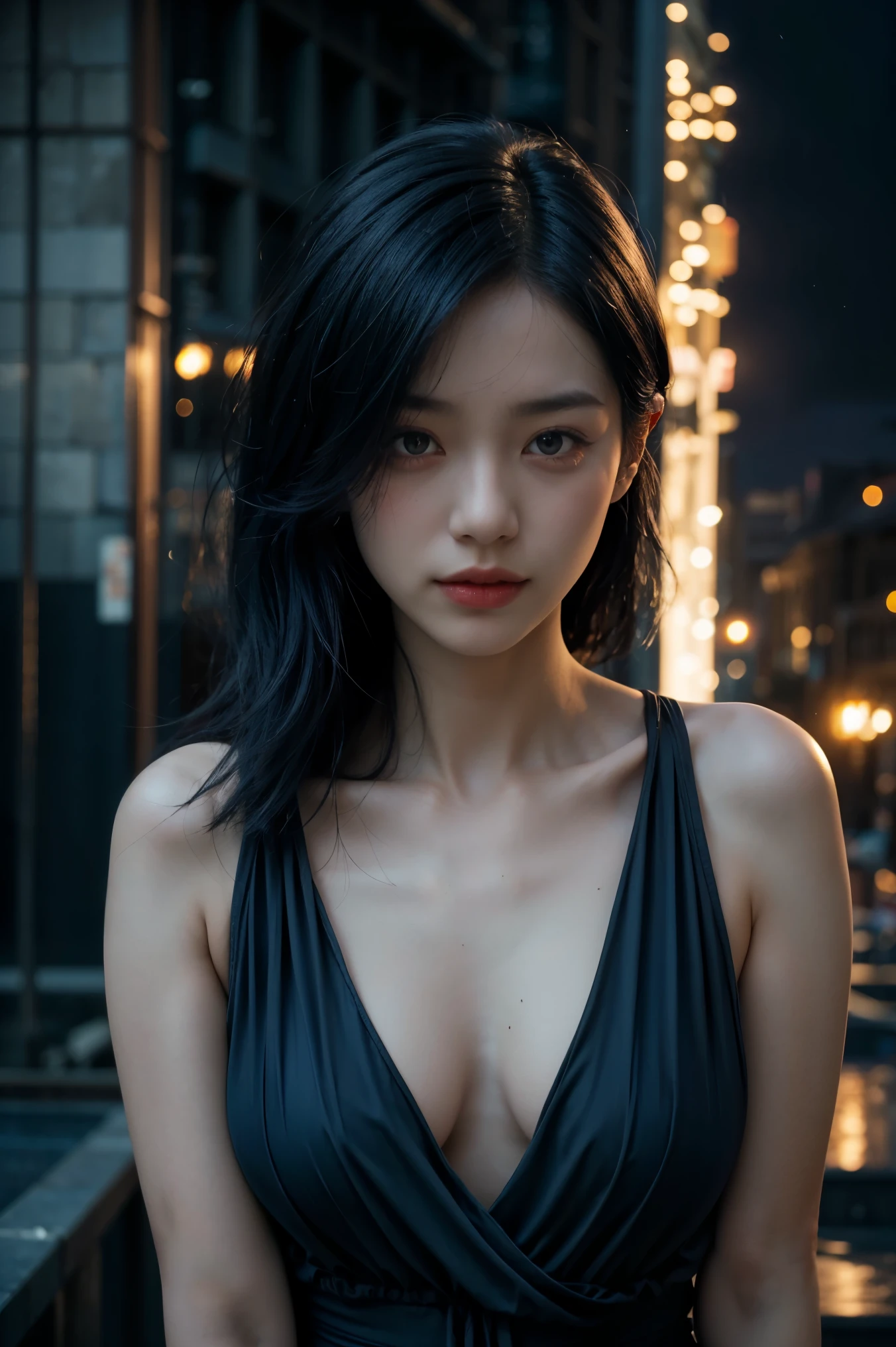 a beautiful Japanese woman, Short black hair, black eyes, A sad look, eyes filled with tears, in a black dress, black heels, On the roof of a building, night has fallen, a full moon in the distance ,(Best quality,4k,8k,high resolution,masterpiece:1.2),Ultra-detailed,(Realistic,photo-Realistic,photo-Realistic:1.37),portraits,deep blue color tones,Studio lighting vibrant