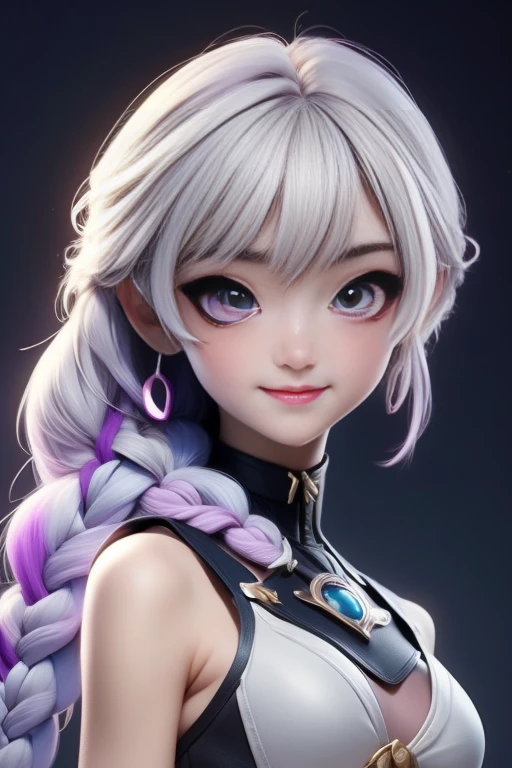 Super cute and beautiful young Cryptic girl in a revealing outfit、She has white hair that reaches her height and is braided in a purple gradient.、smile、Very detailed、4k、8k、High resolution、masterpiece:1.2、Super detailed、Photorealistic、Photorealistic:1.37、HDR、UHD 、Studio Lighting、Ultra Definition Painting、Sharp focus、Physically Based Rendering、Detailed Description、professional、Bright colors、Bokeh、Portrait、cute、cute、Adorable、colorful、Shiny、Shiny、Glowing Skin、Perfect Skin、Captivating eyes、Luscious Lips、Graceful pose、dynamic、Whimsical、Whimsical、Playful、fun、Hilarious、happy、Vibrant、bright、Magical Cryptic Girl