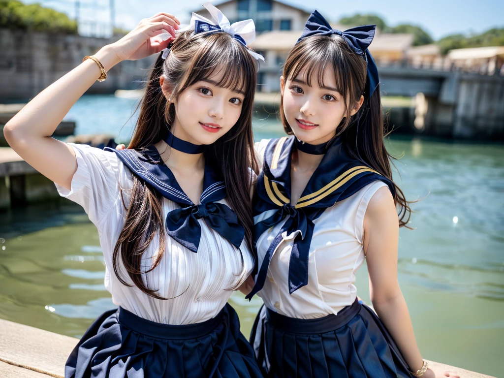 (((very heavy chest))),NSFW, 16k raw photos, highest quality, masterpiece, ultra high resolution, ((She is wearing Beautiful exposed redShe is wearing (a high school sailor uniform).
(navy sailor collar:1.4),(white shirt:1.4),(navy pleats skirt:1.4),(navy bow:1.4))).movie, ((2 girls, , 2 schoolgirls)),((attractive expression)),eyes shine、 looking at the viewer, natural skin texture very heavy chest))),((( metal black ribbon around the neck))).star handle mold、((yellow eyes)),Realistic eye and face details, lip whole, lipstick makeup), fluffy ponytail hair, laughter, Beautiful feet, tall woman, ((glowing skin)),((Beautiful armpit)), slim_feet, huge breasts, cleavage, beautiful natural places, beautiful flower garden、(detailed background,highly exposed, huge breasts, blurred background,, JK ribbon on the neck, jk ribbon, golden hair, bracelet, water, bangs, split your lips、armpit、beautiful hip line、glowing skin、(((eyes shine brightly))),lotion skin、High leg、((black hair)),highly exposed、Skimpy pink luxury fur coat、beautiful sea background、wind effect、