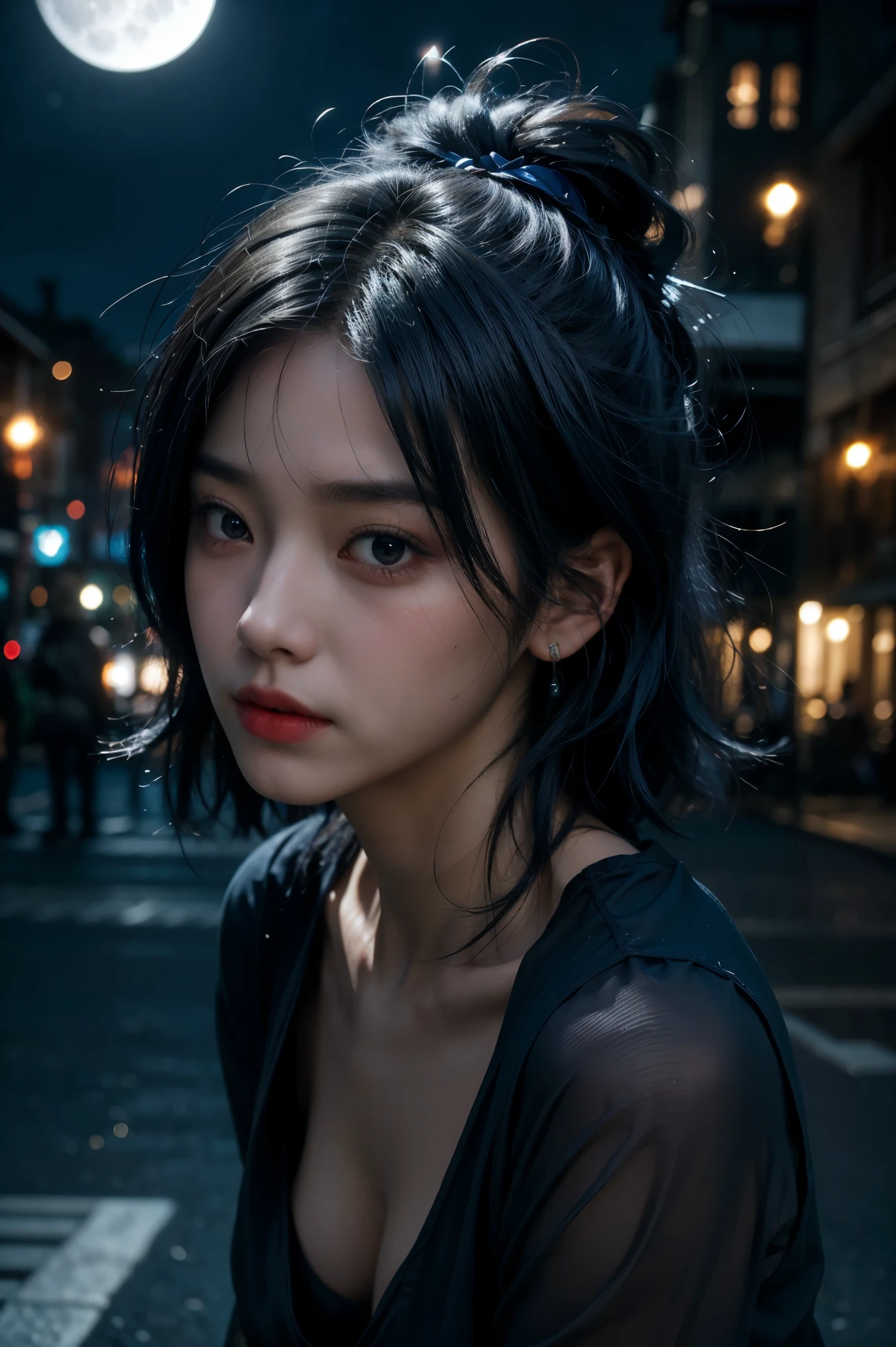 a beautiful Japanese woman, Short black hair, black eyes, A sad look, eyes filled with tears, in a black dress, black heels, On the roof of a building, night has fallen, a full moon in the distance ,(Best quality,4k,8k,high resolution,masterpiece:1.2),Ultra-detailed,(Realistic,photo-Realistic,photo-Realistic:1.37),portraits,deep blue color tones,Studio lighting vibrant