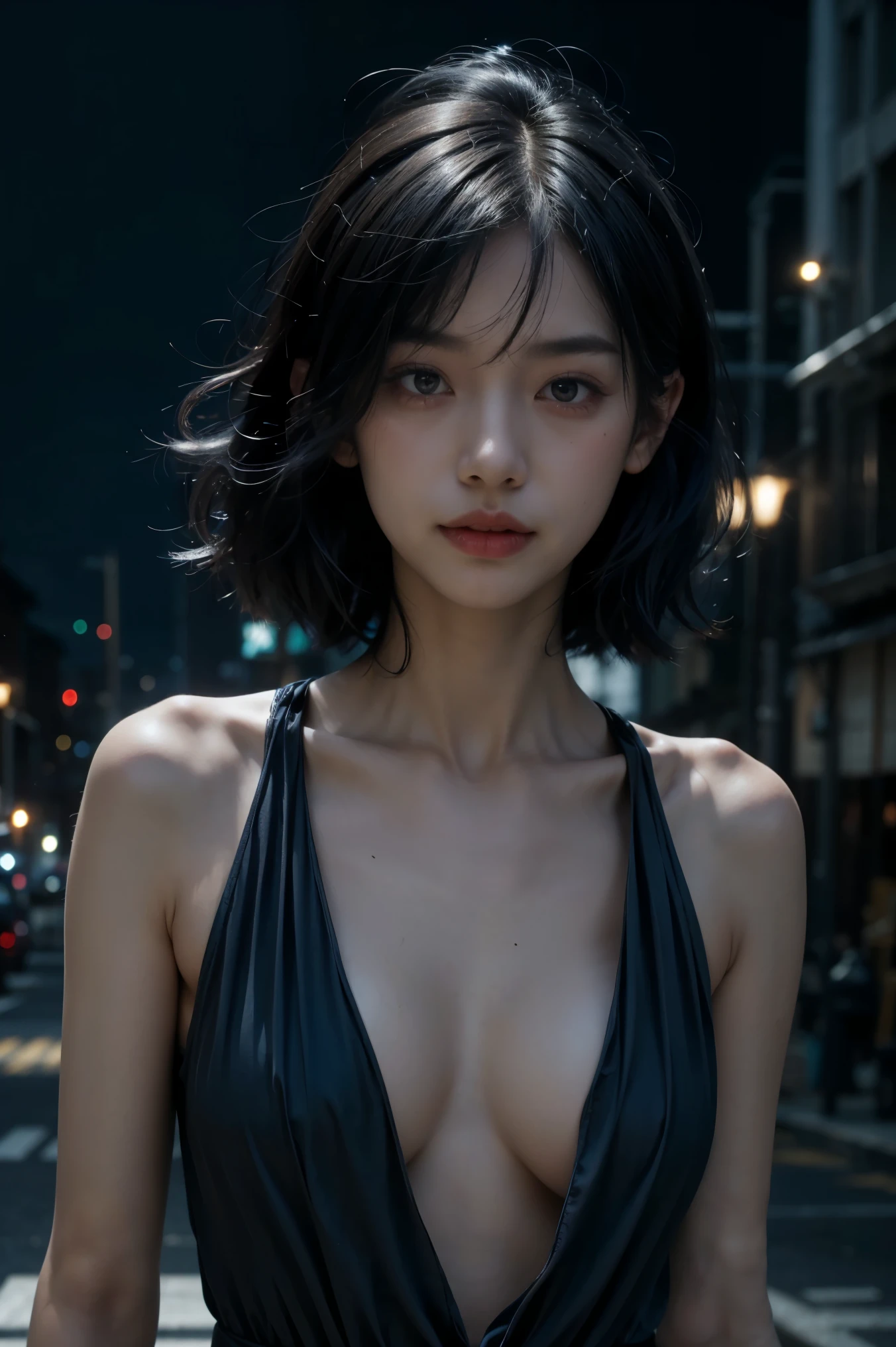 a beautiful Japanese woman, Short black hair, black eyes, A sad look, eyes filled with tears, in a black dress, black heels, On the roof of a building, night has fallen, a full moon in the distance ,(Best quality,4k,8k,high resolution,masterpiece:1.2),Ultra-detailed,(Realistic,photo-Realistic,photo-Realistic:1.37),portraits,deep blue color tones,Studio lighting vibrant