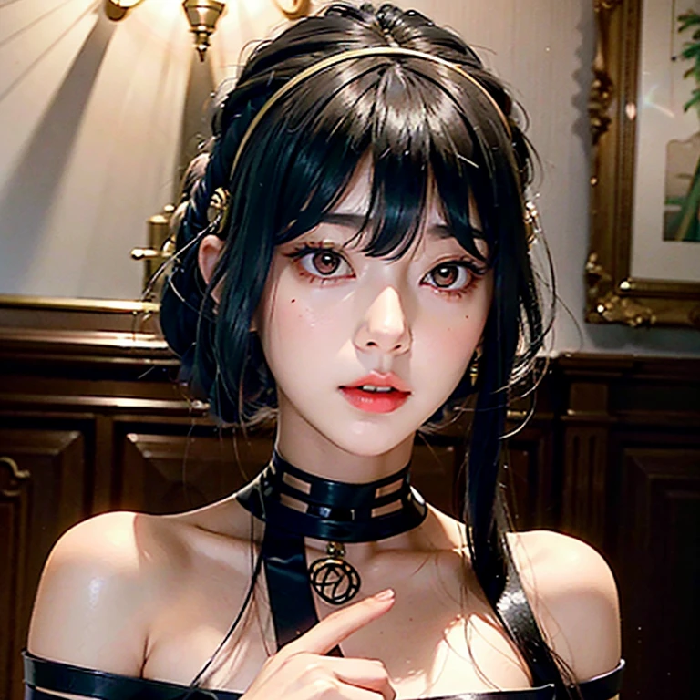a beautiful young girl with large, expressive eyes, delicate facial features, and fluffy chestnut hair posing confidently while wearing a Spy x Family Yol Forger costume, the image captured as a high-quality, realistic SLR photograph with exceptional detail, vivid colors, and perfect balance, showcasing the girl's striking beauty and the intricate costume design, the lighting and composition drawing the viewer's attention to the subject's captivating gaze.