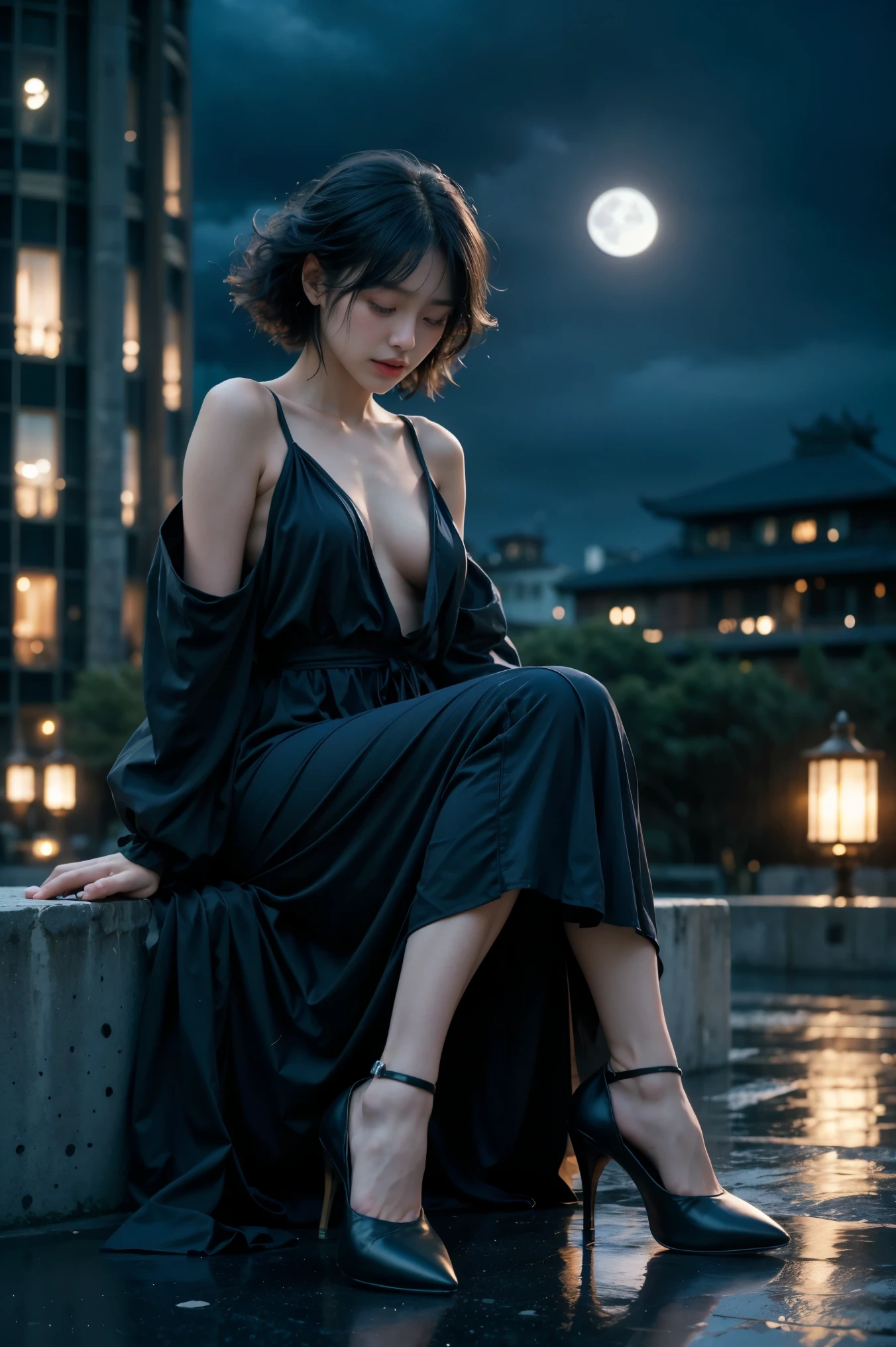 a beautiful Japanese woman, Short black hair, black eyes, A sad look, eyes filled with tears, in a black dress, black heels, On the roof of a building, night has fallen, a full moon in the distance ,(Best quality,4k,8k,high resolution,masterpiece:1.2),Ultra-detailed,(Realistic,photo-Realistic,photo-Realistic:1.37),portraits,deep blue color tones,Studio lighting vibrant