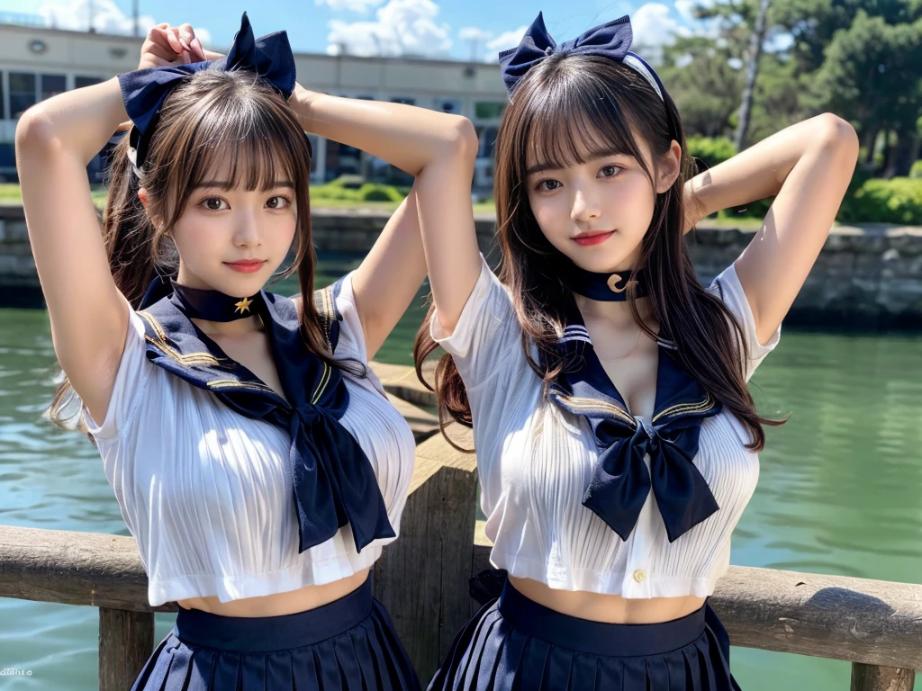 (((very heavy chest))),NSFW, 16k raw photos, highest quality, masterpiece, ultra high resolution, ((She is wearing Beautiful exposed redShe is wearing (a high school sailor uniform).
(navy sailor collar:1.4),(white shirt:1.4),(navy pleats skirt:1.4),(navy bow:1.4))).movie, ((2 girls, , 2 schoolgirls)),((attractive expression)),eyes shine、 looking at the viewer, natural skin texture very heavy chest))),((( metal black ribbon around the neck))).star handle mold、((yellow eyes)),Realistic eye and face details, lip whole, lipstick makeup), fluffy ponytail hair, laughter, Beautiful feet, tall woman, ((glowing skin)),((Beautiful armpit)), slim_feet, huge breasts, cleavage, beautiful natural places, beautiful flower garden、(detailed background,highly exposed, huge breasts, blurred background,, JK ribbon on the neck, jk ribbon, golden hair, bracelet, water, bangs, split your lips、armpit、beautiful hip line、glowing skin、(((eyes shine brightly))),lotion skin、High leg、((black hair)),highly exposed、Skimpy pink luxury fur coat、beautiful sea background、wind effect、