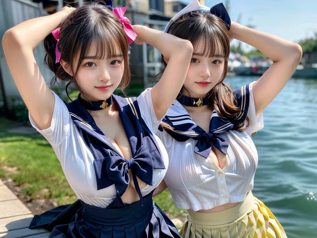 (((very heavy chest))),NSFW, 16k raw photos, highest quality, masterpiece, ultra high resolution, ((She is wearing Beautiful exposed redShe is wearing (a high school sailor uniform).
(navy sailor collar:1.4),(white shirt:1.4),(navy pleats skirt:1.4),(navy bow:1.4))).movie, ((2 girls, , 2 schoolgirls)),((attractive expression)),eyes shine、 looking at the viewer, natural skin texture very heavy chest))),((( metal black ribbon around the neck))).star handle mold、((yellow eyes)),Realistic eye and face details, lip whole, lipstick makeup), fluffy ponytail hair, laughter, Beautiful feet, tall woman, ((glowing skin)),((Beautiful armpit)), slim_feet, huge breasts, cleavage, beautiful natural places, beautiful flower garden、(detailed background,highly exposed, huge breasts, blurred background,, JK ribbon on the neck, jk ribbon, golden hair, bracelet, water, bangs, split your lips、armpit、beautiful hip line、glowing skin、(((eyes shine brightly))),lotion skin、High leg、((black hair)),highly exposed、Skimpy pink luxury fur coat、beautiful sea background、wind effect、