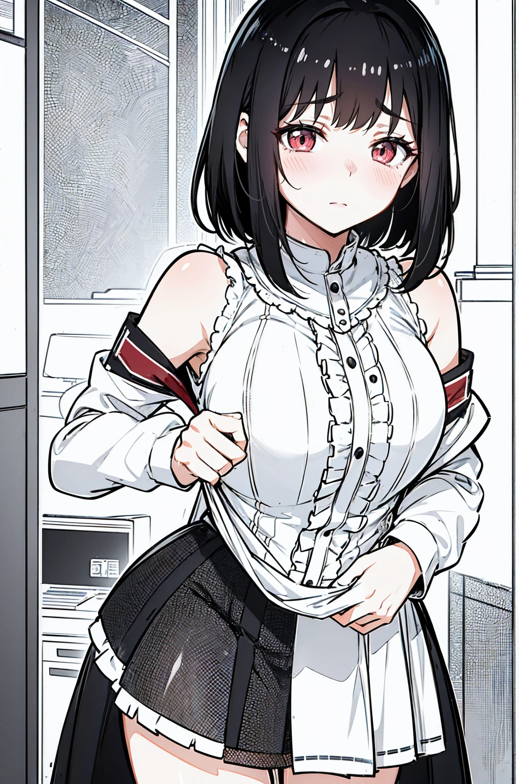 light novel anime style. Focus on a beautiful high school girl, with black hair short than shoulder-length ,She is wearing a  and her face is blushing deeply, expression shows a mix of embarrassment and frustration, with her eyes slightly downcast and her cheeks flushed red.