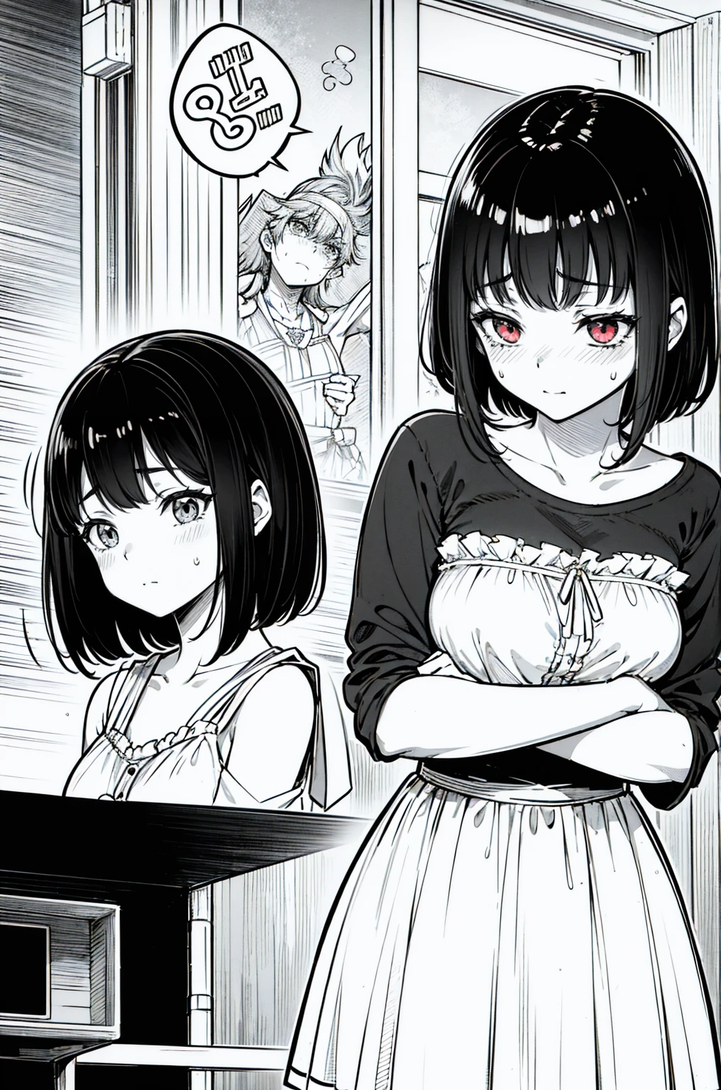 light novel anime style. Focus on a beautiful high school girl, with black hair short than shoulder-length ,She is wearing a and her face is blushing deeply, expression shows a mix of embarrassment and frustration, with her eyes slightly downcast and her cheeks flushed red.