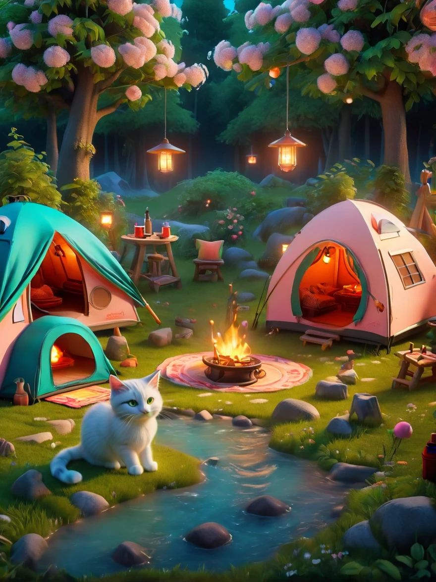 Create miniature images in a lovely wool felt world，(Wool felt style:1.5)，(Summer camping site:1.3)，(1girl)，Cat，Peach Blossom，tent，BBQ grill and summer landscape，The scene is rendered with lights，Using technology and style reminiscent of Pixar animations，Using Octane Render and Maxon Cinema 4D to generate highly detailed 3D，8k，Use warm light to emphasize mood lighting，And freeze the shot as a long shot or super long shot，To capture a wide range of details and atmosphere