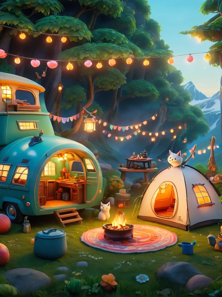 Create miniature images in a lovely wool felt world，(Wool felt style:1.5)，(Summer camping site:1.3)，(1girl)，Cat，Peach Blossom，tent，BBQ grill and summer landscape，The scene is rendered with lights，Using technology and style reminiscent of Pixar animations，Using Octane Render and Maxon Cinema 4D to generate highly detailed 3D，8k，Use warm light to emphasize mood lighting，And freeze the shot as a long shot or super long shot，To capture a wide range of details and atmosphere