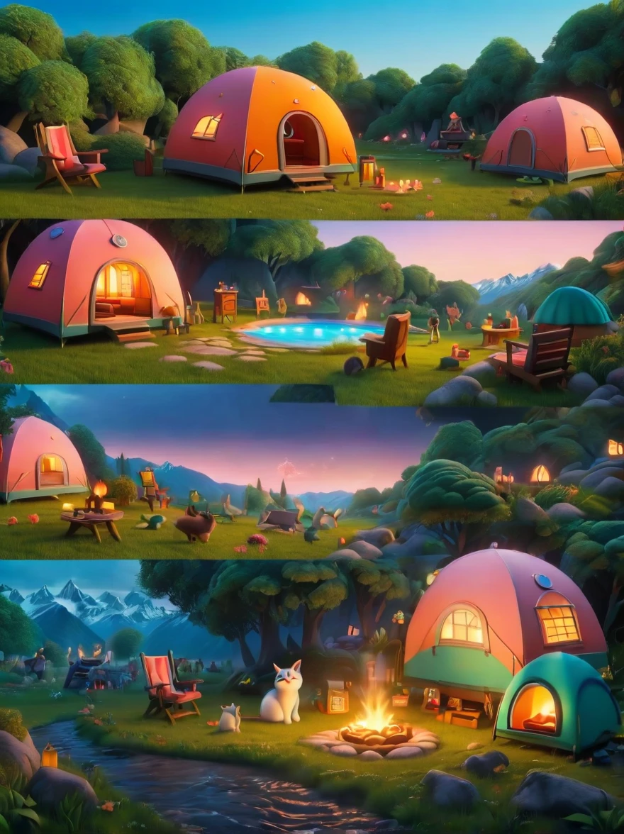 Create miniature images in a lovely wool felt world,(Wool felt style:1.5),(Summer camping site:1.3),(1girl),Cat,Peach Blossom,tent,BBQ grill and summer landscape,The scene is rendered with lights,Using technology and style reminiscent of Pixar animations,Using Octane Render and Maxon Cinema 4D to generate highly detailed 3D,8k,Use warm light to emphasize mood lighting,And freeze the shot as a long shot or super long shot,To capture a wide range of details and atmosphere