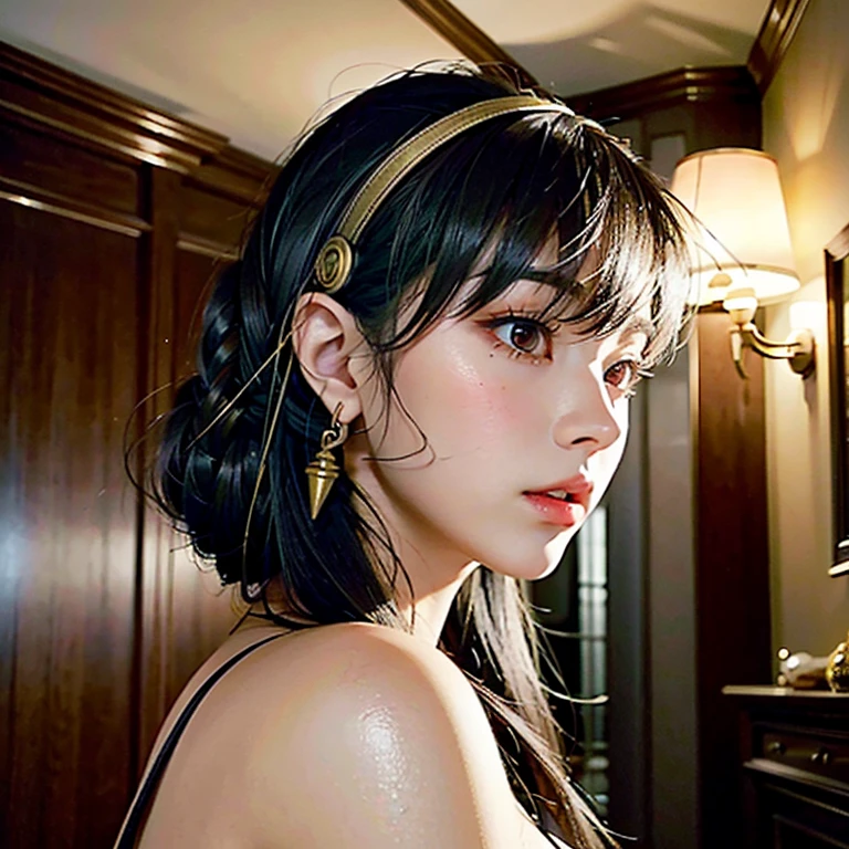 a beautiful young girl with large, expressive eyes, delicate facial features, and fluffy chestnut hair posing confidently while wearing a Spy x Family Yol Forger costume, the image captured as a high-quality, realistic SLR photograph with exceptional detail, vivid colors, and perfect balance, showcasing the girl's striking beauty and the intricate costume design, the lighting and composition drawing the viewer's attention to the subject's captivating gaze.