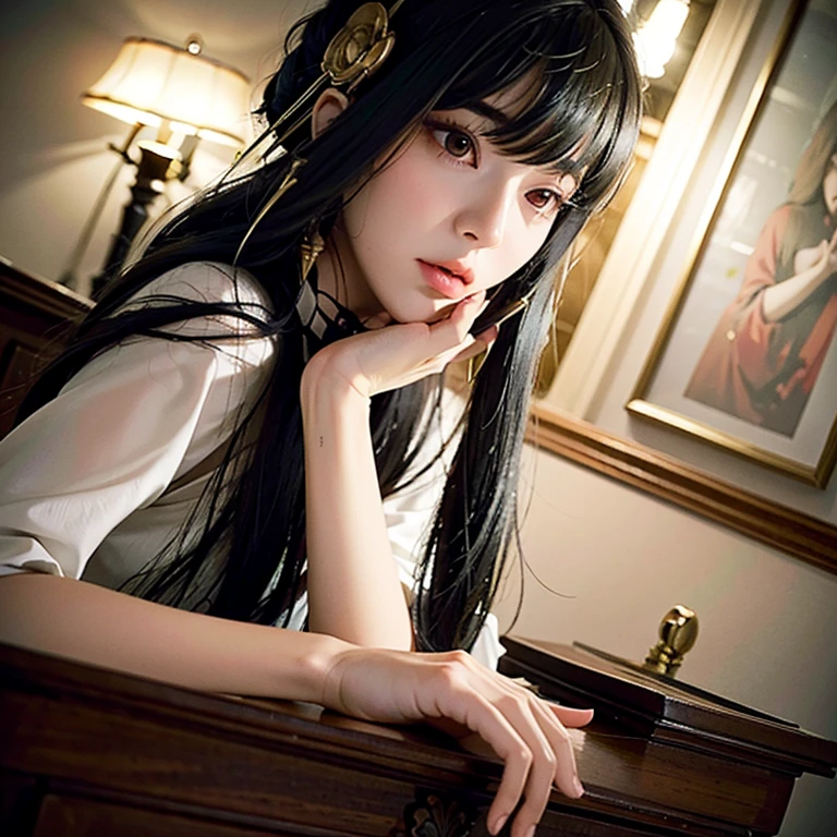 a beautiful young girl with large, expressive eyes, delicate facial features, and fluffy chestnut hair posing confidently while wearing a Spy x Family Yol Forger costume, the image captured as a high-quality, realistic SLR photograph with exceptional detail, vivid colors, and perfect balance, showcasing the girl's striking beauty and the intricate costume design, the lighting and composition drawing the viewer's attention to the subject's captivating gaze.