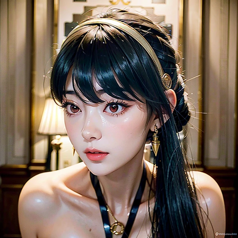 a beautiful young girl with large, expressive eyes, delicate facial features, and fluffy chestnut hair posing confidently while wearing a Spy x Family Yol Forger costume, the image captured as a high-quality, realistic SLR photograph with exceptional detail, vivid colors, and perfect balance, showcasing the girl's striking beauty and the intricate costume design, the lighting and composition drawing the viewer's attention to the subject's captivating gaze.