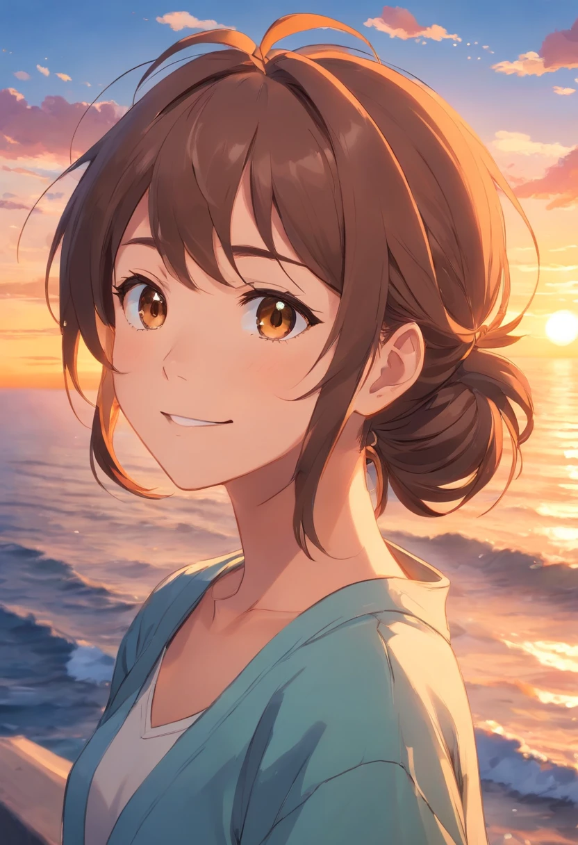 anime style, in the sky, Across the sea, Two Eyes Open, Eyes detail, Brown eyes, On the Sunset, smiling, masterpiece, 4K, detailed face, good anatomy, basic moments,  semi-long brown tousled hair tied in a ponytail 