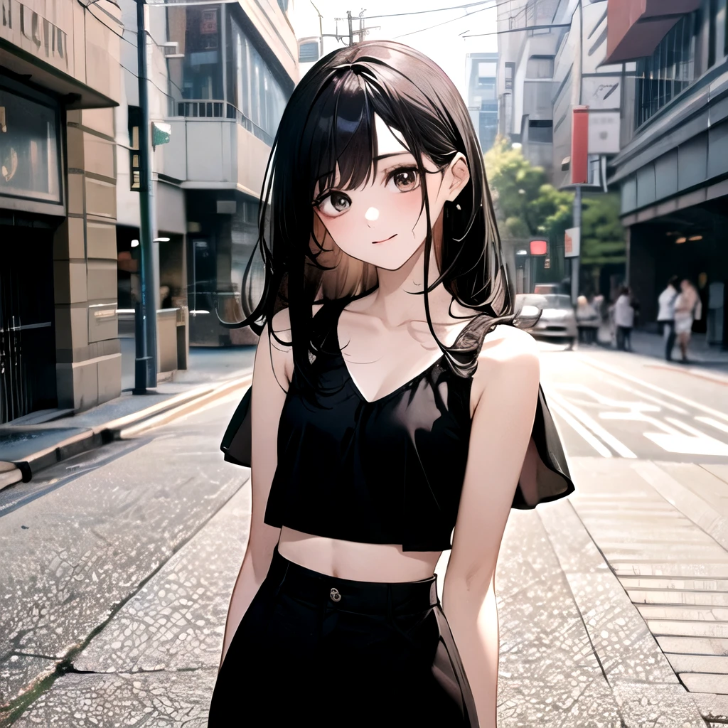 ((best quality)), ((masterpiece)), (detailed), perfect face. Asian girl. Black hair. Street. Belly. Long pants. V neck. Small breast.