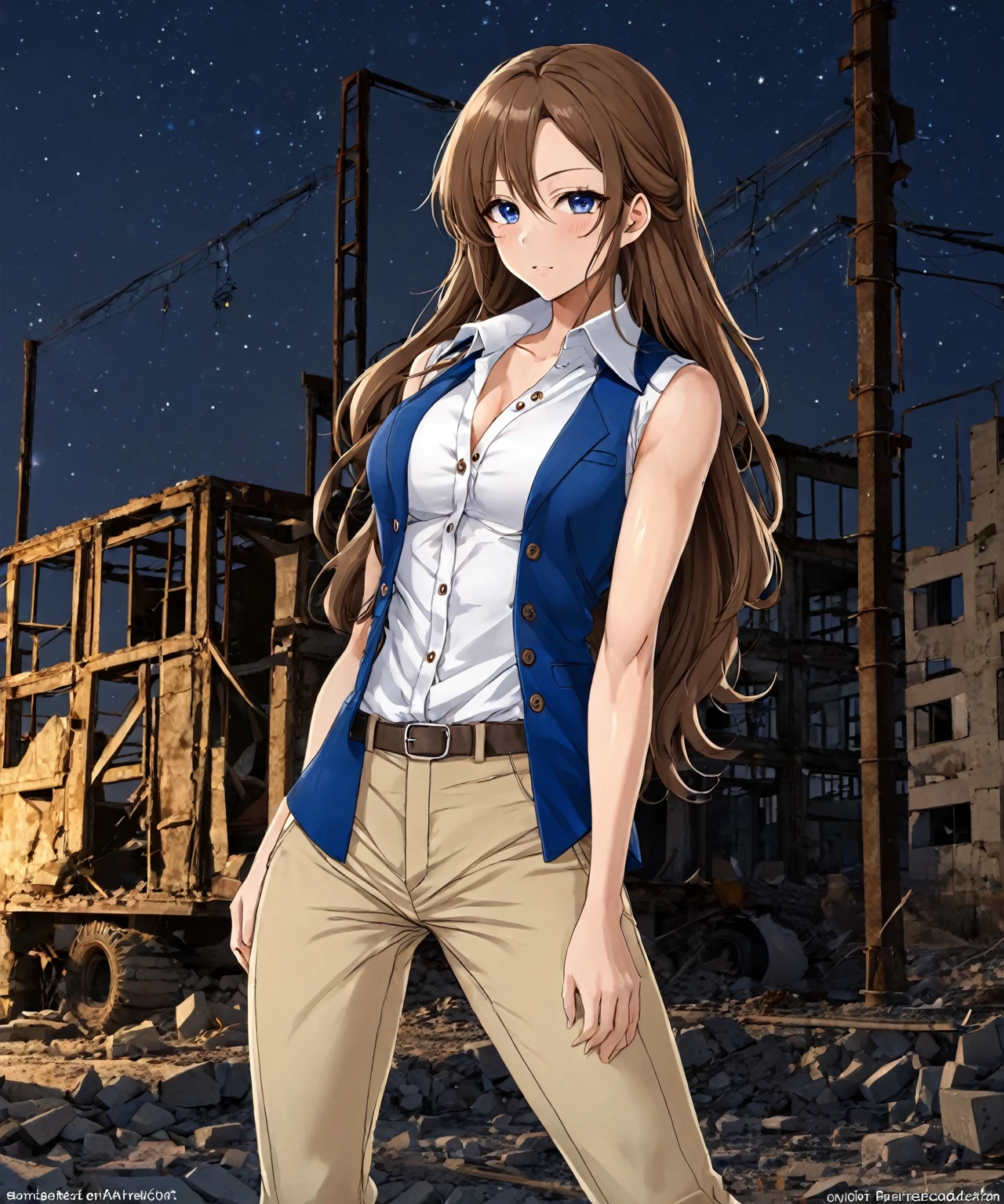 beautiful sexy anime girl with long brown hair & a muscular body, wearing white sleeveless button up collared shirt with a blue vest over it & beige khaki pants, in a abandoned urban construction site at night time, 1girl