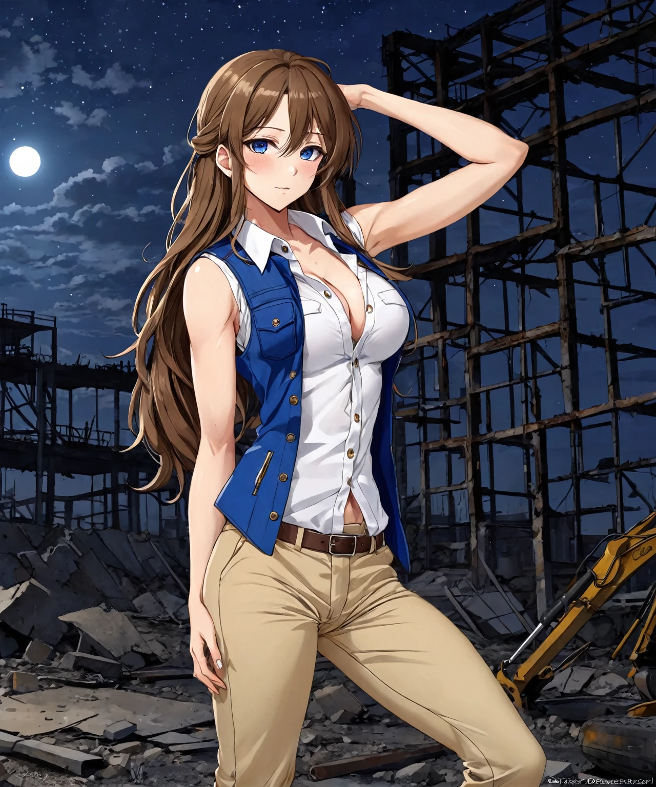 beautiful sexy anime girl with long brown hair & a muscular body, wearing white sleeveless button up collared shirt with a blue vest over it & beige khaki pants, in a abandoned urban construction site at night time, 1girl