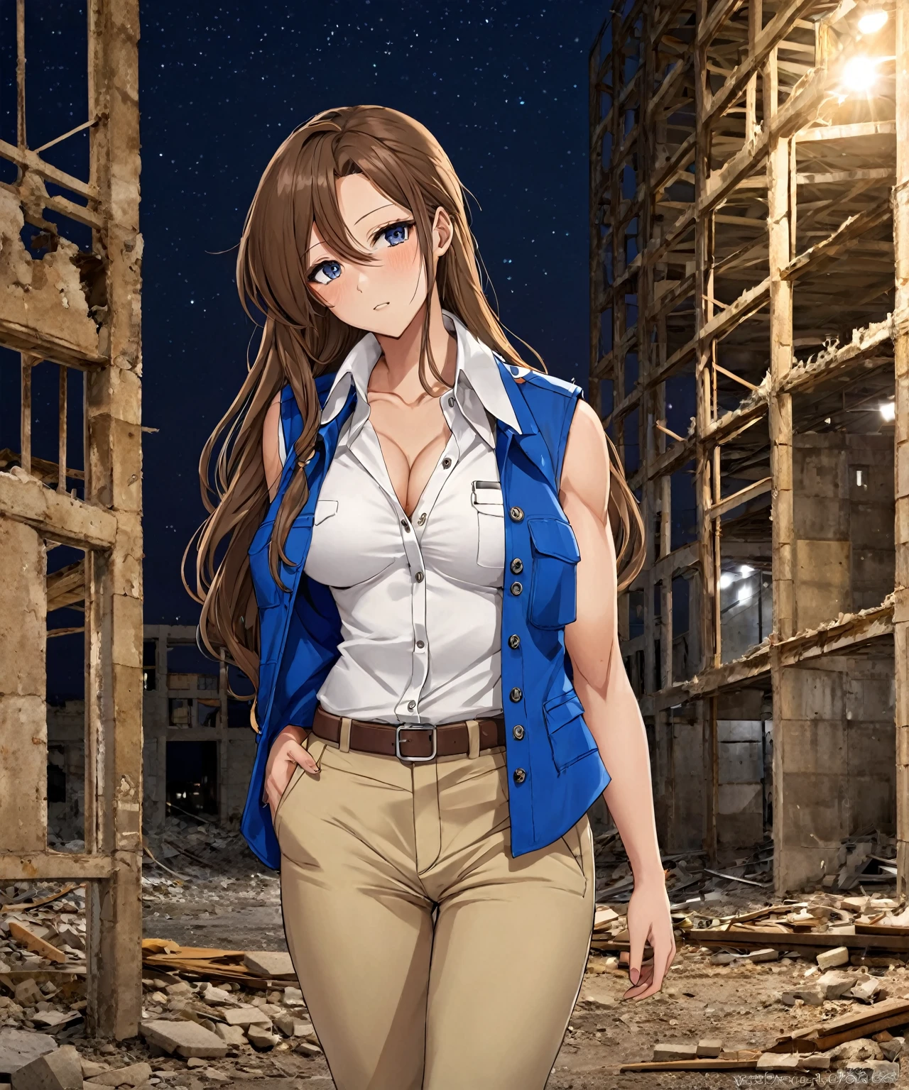 beautiful sexy anime girl with long brown hair & a muscular body, wearing white sleeveless button up collared shirt with a blue vest over it & beige khaki pants, in a abandoned urban construction site at night time, 1girl
