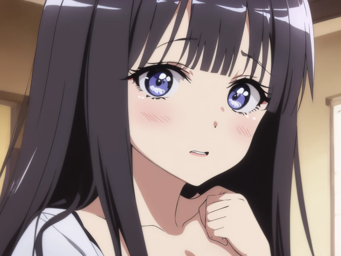 (highest quality、4k、8k、High resolution、masterpiece:1.2)、Super detailed、Detailed face、Detailed lips and eyes、Attractive appearance、Expressive Face、Detailed perfect fingers and hands、Detailed perfect face、 ((Anime Art Style)) 、Bright colors、 Fair skin、、Long Hair、bangs、Hair between the eyes、(Age: 16、Height: 162cm)、(Big Breasts:1.3) (Formal nurse costume: 1.2)、(Low-leg nurse costume shorts)、Pink clothes、BREAK Pure White Lingerie、 at night、Hospital room、(Undressing:1.5)、Cleavage、 Focus on the chest、See who's watching、Open uniform、((Mouth closed))、