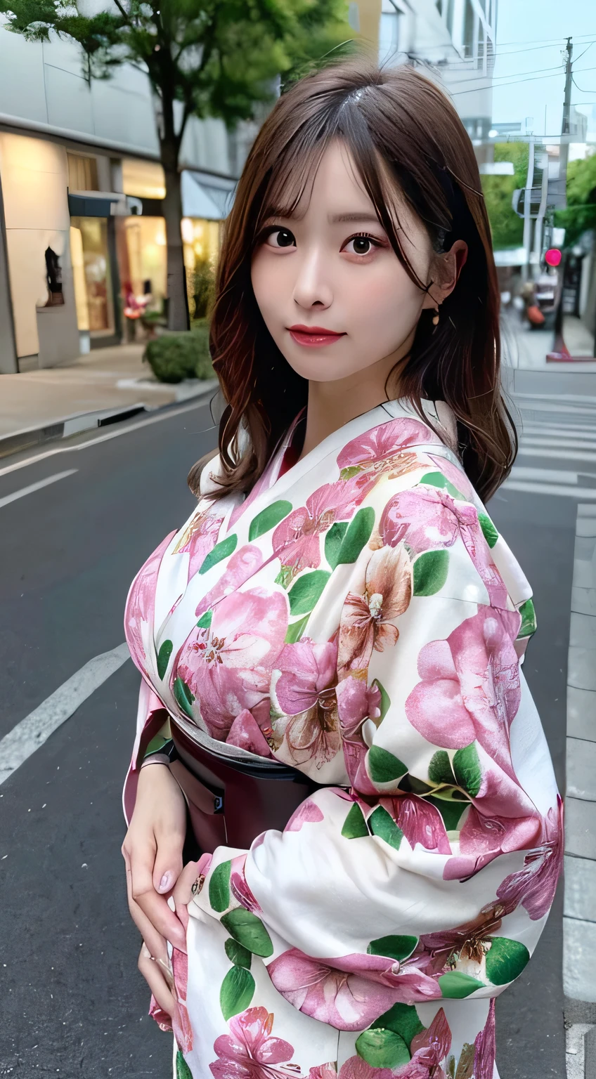 ((highest quality、8k、masterpiece：1.3))、Sharp focus：1.2、Beautiful woman with perfect style：1.4、Slim Abs：1.2、((Dark brown hair、Big Breasts：1.2))、(pink,、Floral print、kimono ,:1.1)、street:1.2、Highly detailed face and skin texture、Detailed eyes、double eyelid