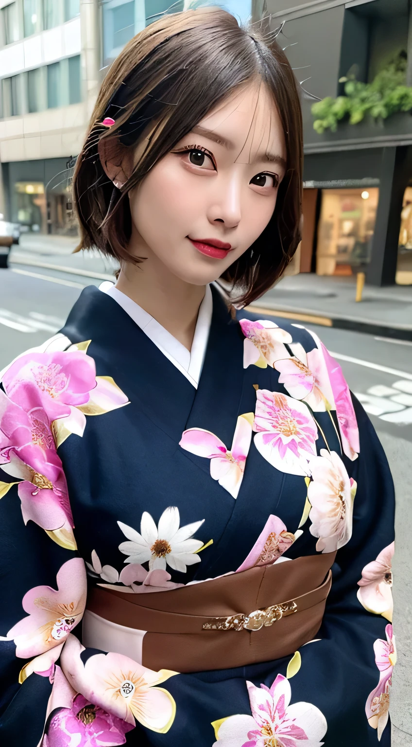 ((highest quality、8k、masterpiece:1.3))、Sharp focus:1.2、Beautiful woman with perfect style:1.4、Slim Abs:1.2、((Dark brown hair、Big Breasts:1.2))、(pink,、Floral print、kimono ,:1.1)、street:1.2、Highly detailed face and skin texture、Detailed eyes、double eyelid