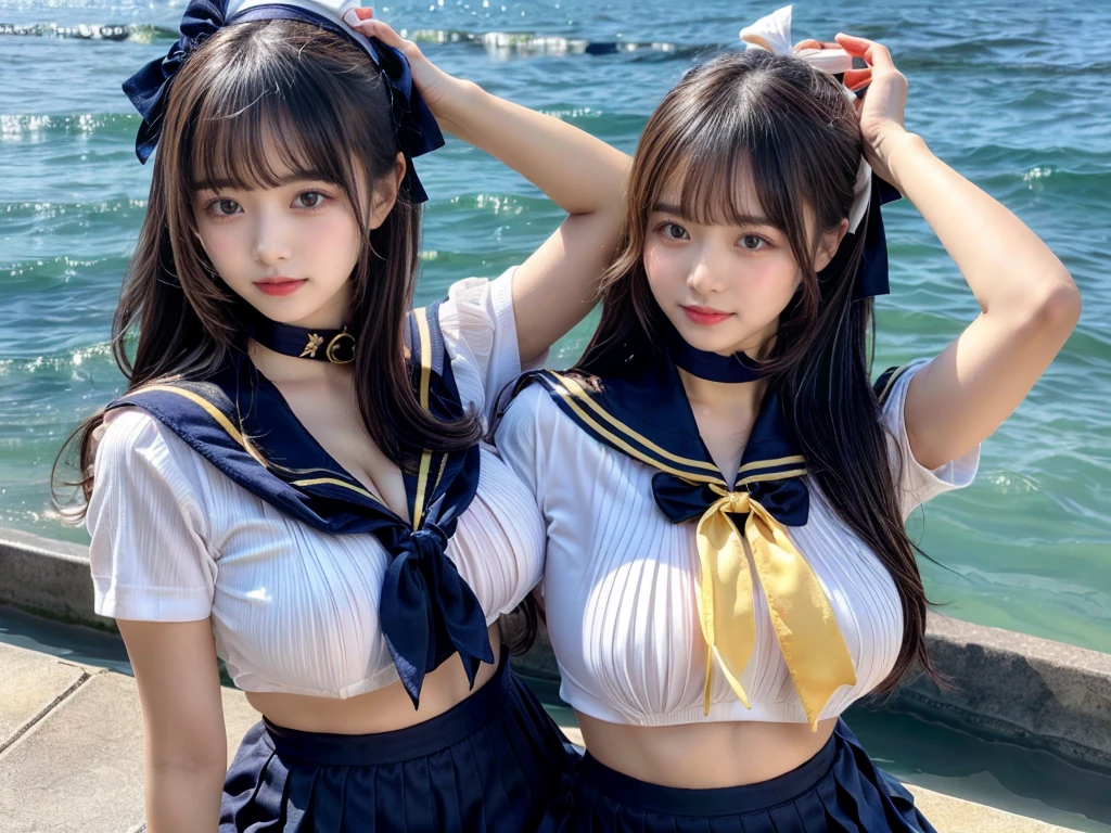 (((very heavy chest))),NSFW, 16k raw photos, highest quality, masterpiece, ultra high resolution, ((She is wearing Beautiful exposed redShe is wearing (a high school sailor uniform).
(navy sailor collar:1.4),(white shirt:1.4),(navy pleats skirt:1.4),(navy bow:1.4))).movie, ((2 girls, , 2 schoolgirls)),((attractive expression)),eyes shine、 looking at the viewer, natural skin texture very heavy chest))),((( metal black ribbon around the neck))).star handle mold、((yellow eyes)),Realistic eye and face details, lip whole, lipstick makeup), fluffy ponytail hair, laughter, Beautiful feet, tall woman, ((glowing skin)),((Beautiful armpit)), slim_feet, huge breasts, cleavage, beautiful natural places, beautiful flower garden、(detailed background,highly exposed, huge breasts, blurred background,, JK ribbon on the neck, jk ribbon, golden hair, bracelet, water, bangs, split your lips、armpit、beautiful hip line、glowing skin、(((eyes shine brightly))),lotion skin、High leg、((black hair)),highly exposed、Skimpy pink luxury fur coat、beautiful sea background、wind effect、