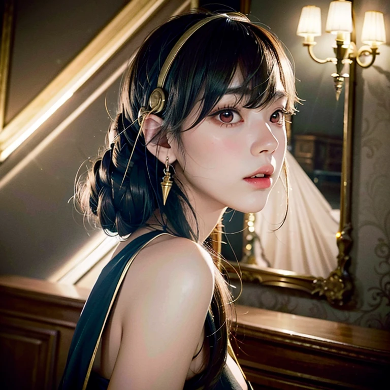 a beautiful young girl with large, expressive eyes, delicate facial features, and fluffy chestnut hair posing confidently while wearing a Spy x Family Yol Forger costume, the image captured as a high-quality, realistic SLR photograph with exceptional detail, vivid colors, and perfect balance, showcasing the girl's striking beauty and the intricate costume design, the lighting and composition drawing the viewer's attention to the subject's captivating gaze.