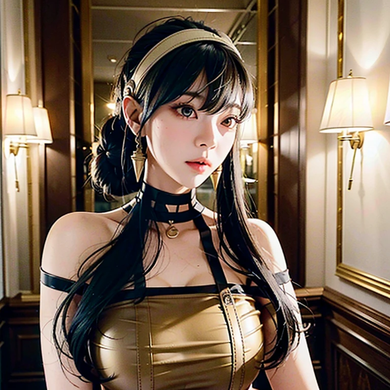 a beautiful young girl with large, expressive eyes, delicate facial features, and fluffy chestnut hair posing confidently while wearing a Spy x Family Yol Forger costume, the image captured as a high-quality, realistic SLR photograph with exceptional detail, vivid colors, and perfect balance, showcasing the girl's striking beauty and the intricate costume design, the lighting and composition drawing the viewer's attention to the subject's captivating gaze.