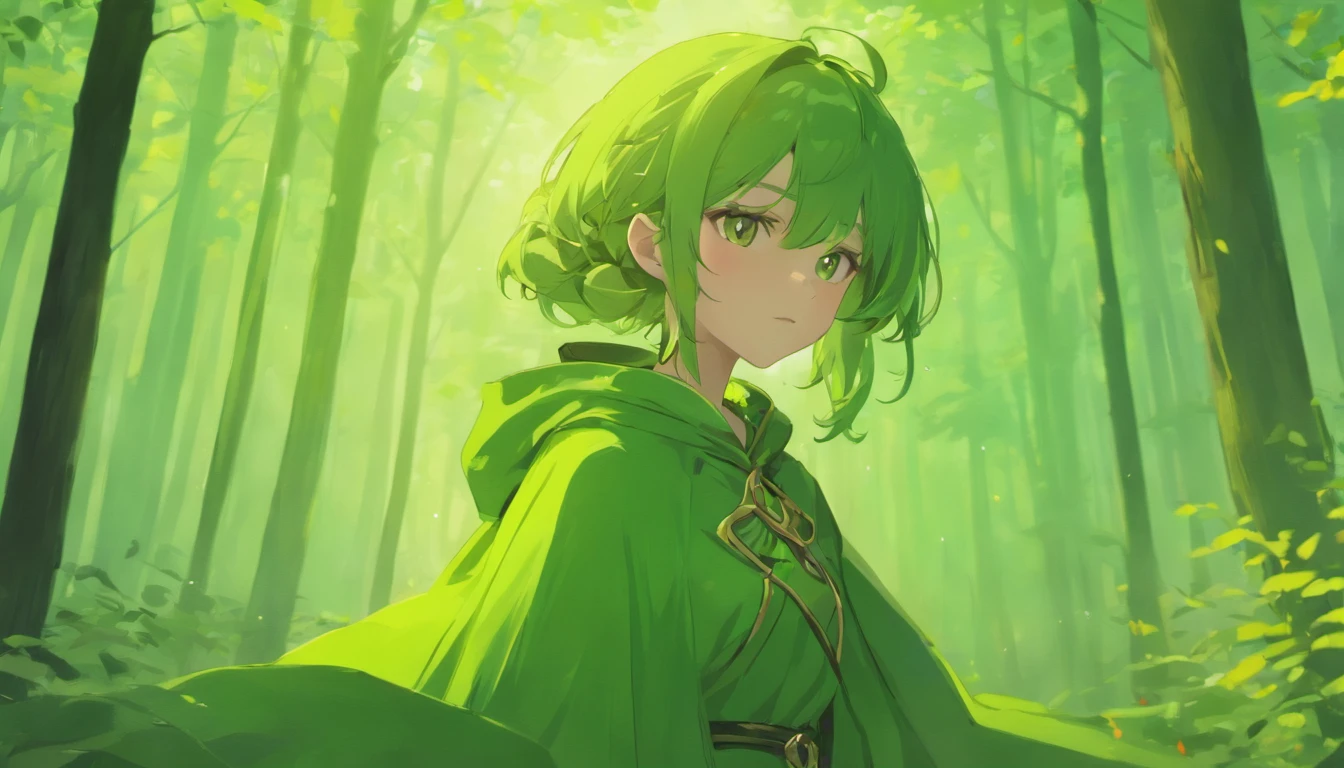 Ryu, Elbow hand pockets, Green Cape, Hooded cloak, Forest Background, Bokeh, Medium Shot, Very detailed, beautiful, masterpiece, Perfect Anatomy, [[Award-winning photography, Macro Photography Vivid Colors]], Atmospheric, Majestic, High resolution, That&#39;s excellent, Very detailed, complicated, Realistic lighting, 4K, (alone:1.2), (cute:1.1), (Anime screenshots), 　in the forest, Departure, A beautiful female elf around 30 years old