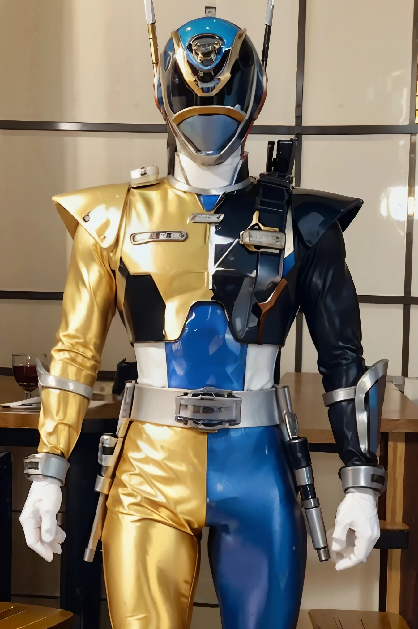 Fantasy background, cafe rpg style, empty chair, table, set of tea glass, (power rangers)), One guy、gold, white based, red and blue chest armor costume, Solo, ((fit figure)), (Anatomically correct), Cowboy shot, masked face, guns, muscular build