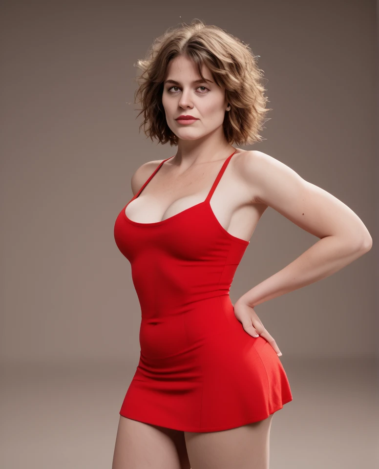 zPDXL2, zPDXLpg, zPDXLrl, A portrait photo of a 26-year-old influencer posing in her red swimsuit, as a backdrop looms behind her. This tanned stunner features a (well-defined hourglass silhouette), (bountiful perky breasts), graceful toned flesh, and a (choppy-messy bob).