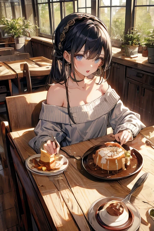 (small breasts:1.3), (perky chest:1.1), (pointed chest:1.0), (Pudding cake magazine cover:1.3)，(from above:1.0),(from side:0.9),masterpiece, 1girl, Amazing Cleavage:1.1, thin waist, big ass, Raised sexy, small breast: 1.3, sexy posed cleavage:1.2,solo, open mouth, have a cute grass of cute beergrass,bronde hair, dark blue eyes, dress, bare shoulders, jewelry, collarbone, sidelocks, hairband, earrings, indoors, off shoulder, sweater, arms behind back, plant, short hair with long locks, gild hairband, sweater dress:1.2, off-shoulder sweater, red sweater, dark gord hair, big side hair, very long side hair,is rendered in (masterpiece: 1.2, best quality), with (ultra high resolution) and an exquisite (depth of field). This masterpiece is not only visually stunning but also tells,A scene of cooking in the kitchen in the classroom ,looking at viewer,
