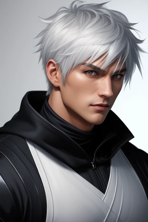 best quality,masterpiece,Ultra high detail,A handsome muscular man,Short white haired Fractal Jack Frost, as a ninja assassin. Wearing white and silver.