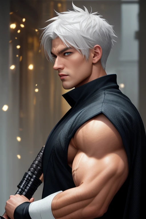 best quality,masterpiece,Ultra high detail,A handsome muscular man,Short white haired Fractal Jack Frost, as a ninja assassin. Wearing white and silver.