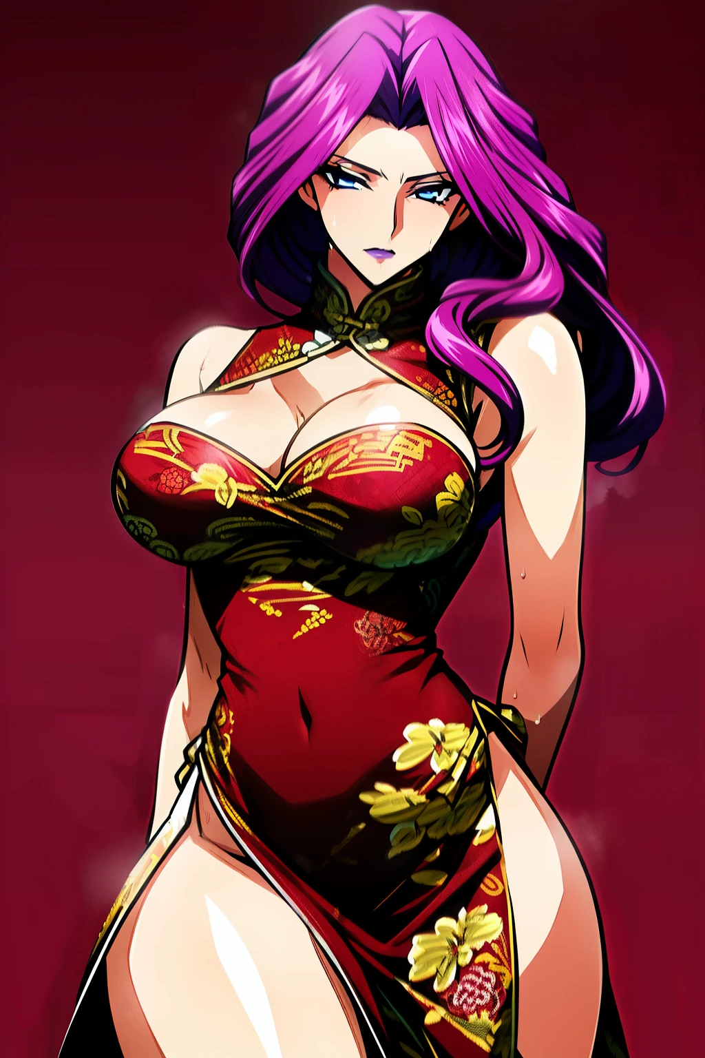 (high resolution, pixel perfect, realistic, gorgeous illustrations), (hyper quality, muste piece, etheric: 1.4), (solo, 1girl), cowboy shot, ((cornelia_li_britannia)), ((leg up)), mature woman, cool atmosphere, finely detailed beautiful eyes and detailed face, wide hips, Big breasts that are about to burst, fighter, ((((china dress)))), lewd woman, shiny skin, gleaming skin, sweat, simple background,