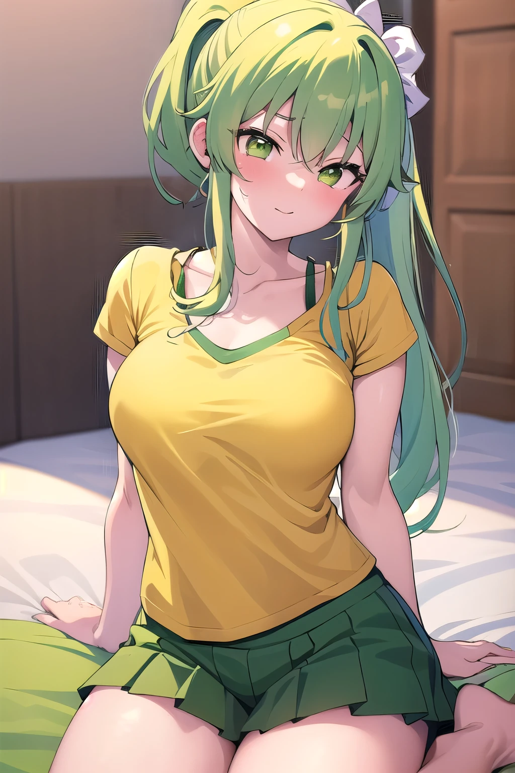 masterpiece, best quality, best quality,  1boy, 1girl, sitting on face, sitting on person,   Mion Sonozaki, green hair, green eyes, ponytail, yellow tee