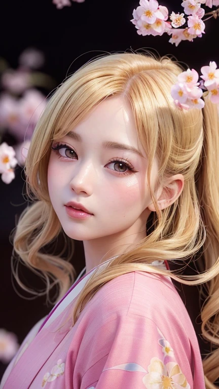 a beautiful girl in a kimono, anime style japan, cherry blossom garden background, gorgeous face, large eyes,big eyes, long eyelashes like an angel, long golden hair, flower petals floating around, (best quality,4k,8k,highres,masterpiece:1.2),ultra-detailed,(realistic,photorealistic,photo-realistic:1.37),vibrant colors, soft lighting, cinematic composition