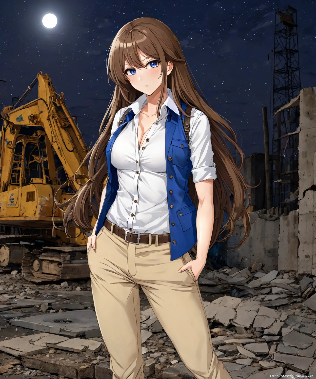 beautiful sexy anime girl with long brown hair & a muscular body, wearing white sleeveless button up collared shirt with a blue vest over it & beige khaki pants, in a abandoned urban construction site at night time, 1girl