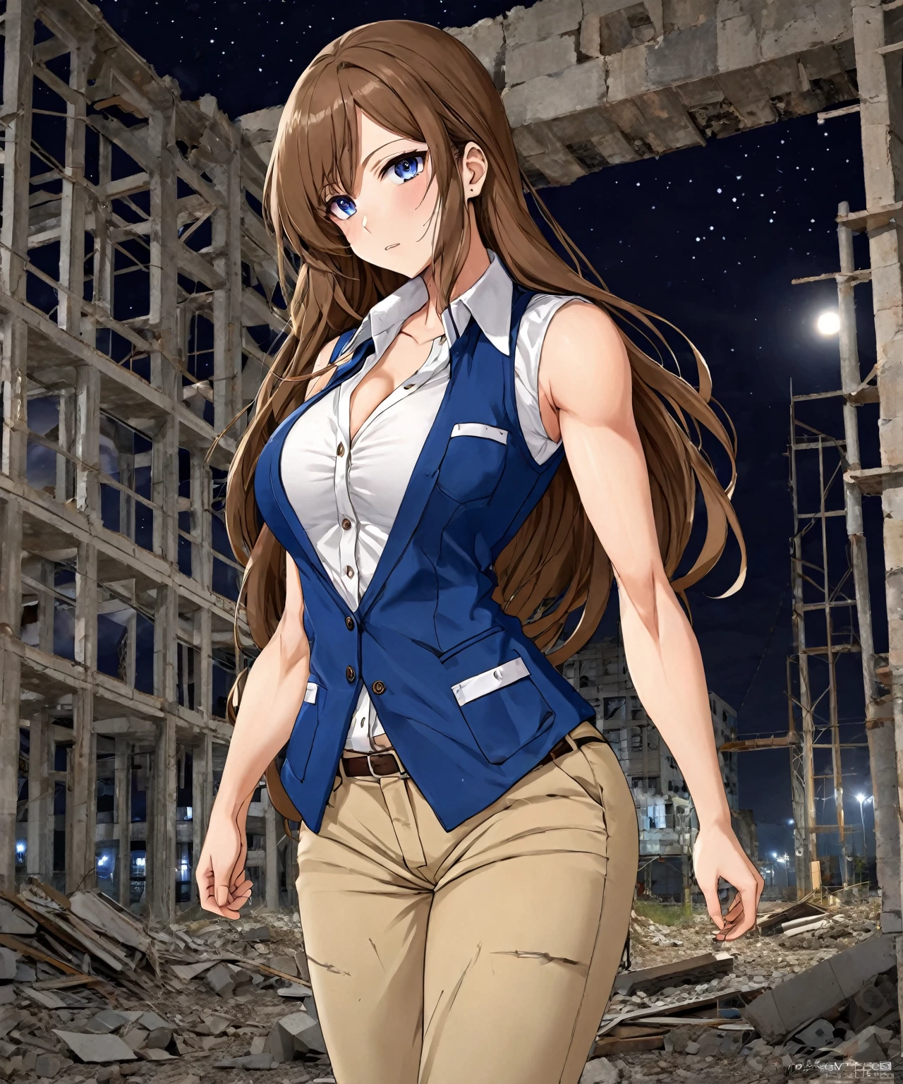 beautiful sexy anime girl with long brown hair & a muscular body, wearing white sleeveless button up collared shirt with a blue vest over it & beige khaki pants, in a abandoned urban construction site at night time, 1girl