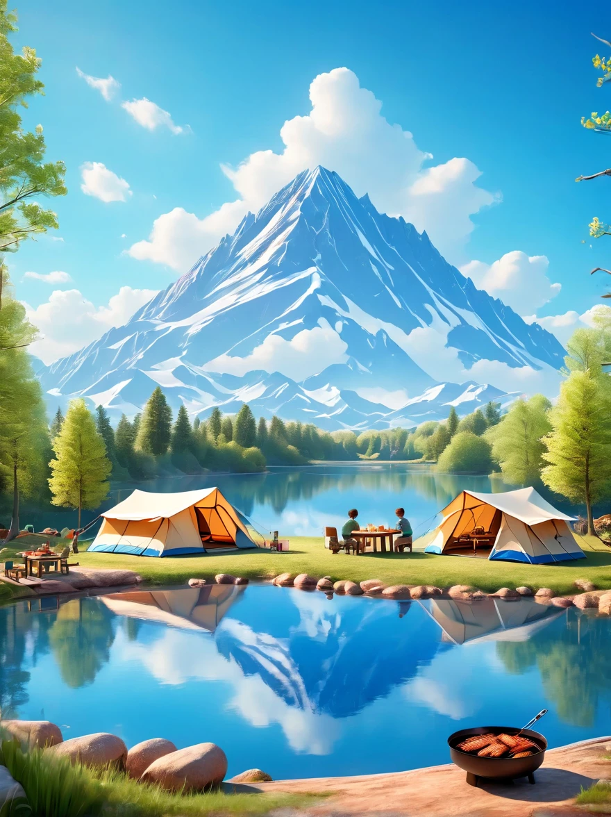 (1 boy:1.3)，trip，The real situation，(Tented campsite:1.5)，Spring Outing，lake，natural scenery，barbecue，Blue sky natural background，Clay Materials，Clean background，Skyline design，3D，c4d，Blender，Natural light，Lighting photo，Very rich edge light details，Intricate details，8K, Ultra HD, masterpiece, precise, Anatomically correct, Textured Skin, The award-winning