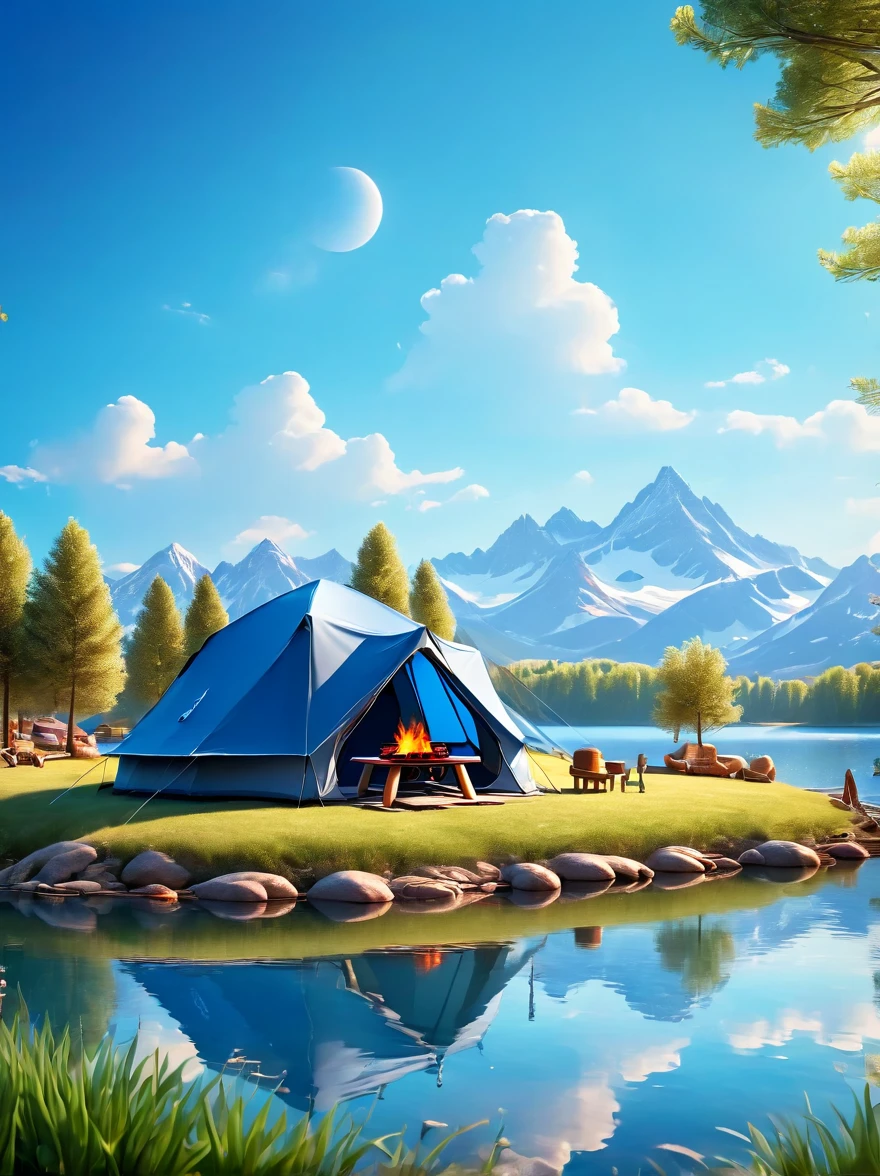 (1 boy:1.3)，trip，The real situation，(Tented campsite:1.5)，Spring Outing，lake，natural scenery，barbecue，Blue sky natural background，Clay Materials，Clean background，Skyline design，3D，c4d，Blender，Natural light，Lighting photo，Very rich edge light details，Intricate details，8K, Ultra HD, masterpiece, precise, Anatomically correct, Textured Skin, The award-winning