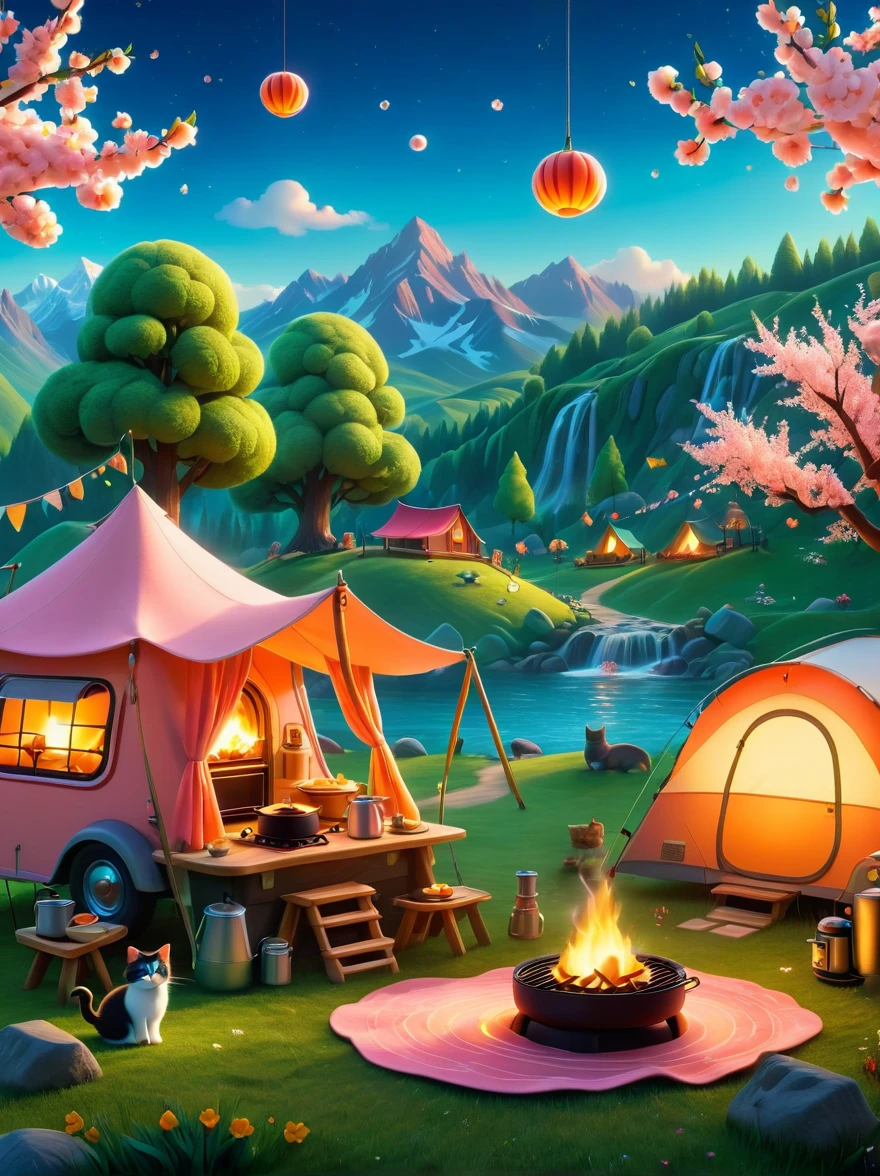 Create miniature images in a lovely wool felt world，(Wool felt style:1.5)，(Summer camping site:1.3)，(1girl)，Cat，Peach Blossom，tent，BBQ grill and summer landscape，The scene is rendered with lights，Using technology and style reminiscent of Pixar animations，Using Octane Render and Maxon Cinema 4D to generate highly detailed 3D，8k，Use warm light to emphasize mood lighting，And freeze the shot as a long shot or super long shot，To capture a wide range of details and atmosphere