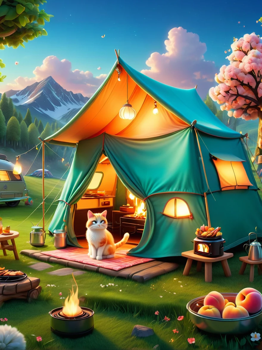 Create miniature images in a lovely wool felt world，(Wool felt style:1.5)，(Summer camping site:1.3)，(1girl)，Cat，Peach Blossom，tent，BBQ grill and summer landscape，The scene is rendered with lights，Using technology and style reminiscent of Pixar animations，Using Octane Render and Maxon Cinema 4D to generate highly detailed 3D，8k，Use warm light to emphasize mood lighting，And freeze the shot as a long shot or super long shot，To capture a wide range of details and atmosphere