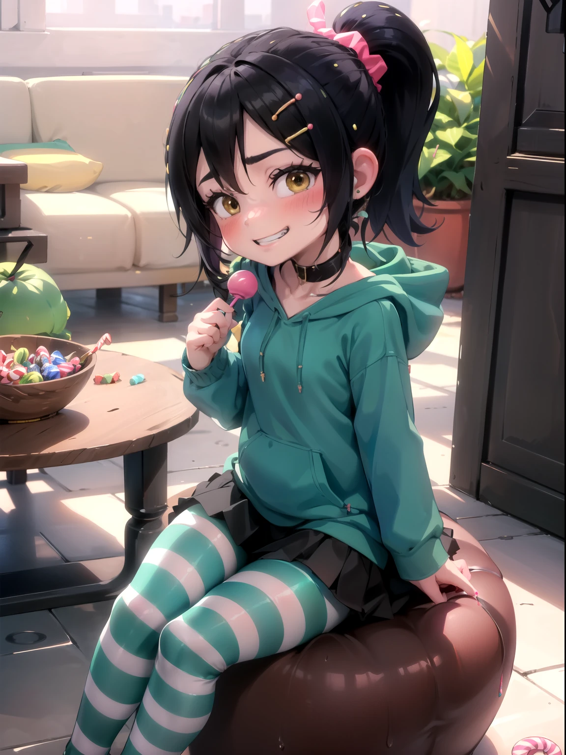 xyzvanellope, 1girl, beautiful, short, candy,****pop, solo, hair ornament, bow, striped, (****:1.6),green hoodie, grin, green, striped pantyhose,breasts, sitting