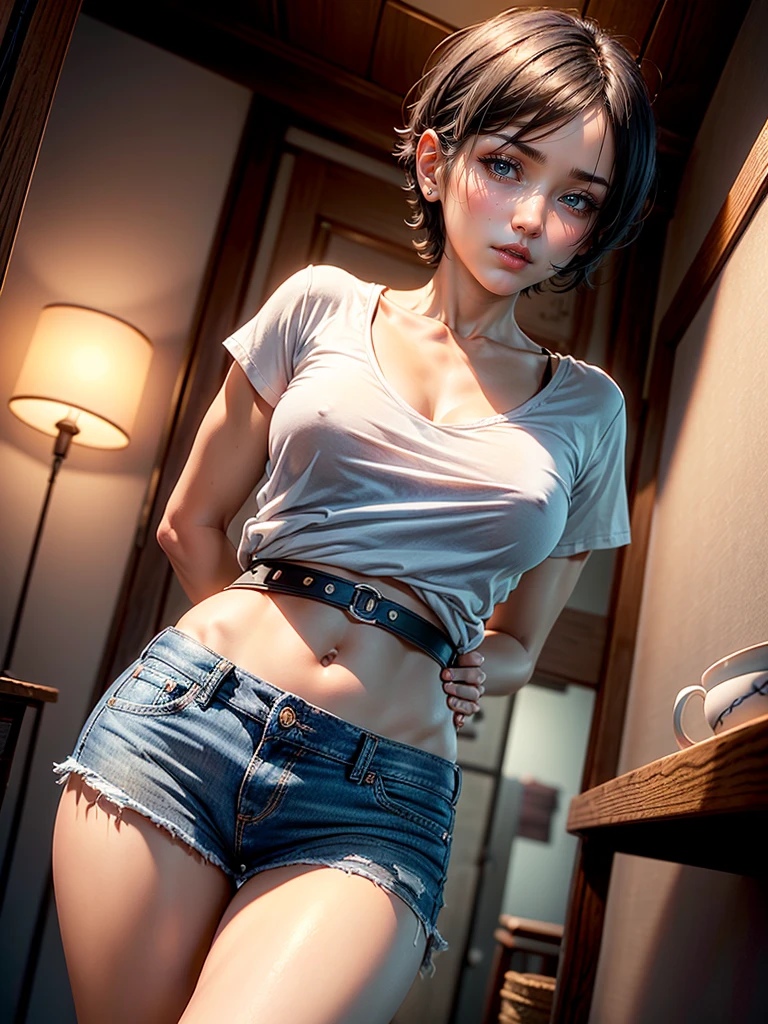 ((One Woman, Age 35)),(( alone:1.5)),Black Short Hair,(((Slim body:1.2))),((Small breasts:1.2)),((Watches on both wrists:1.3)),((A tight white rolled up short sleeve shirt:1.2)),(Brand new denim mini skirt:1.3),(Tea belt:1.2),((Alluring face:1.2)),((Big droopy eyes:1.0)), ((Open your mouth:1.0)),(((You have the hiccups:1.2))),Night Light, 8k, masterpiece:1.2, Very detailed, Realistic:1.37, Full HD, Background of Japanese-style room at night,Cowboy photographed from the front,Are standing