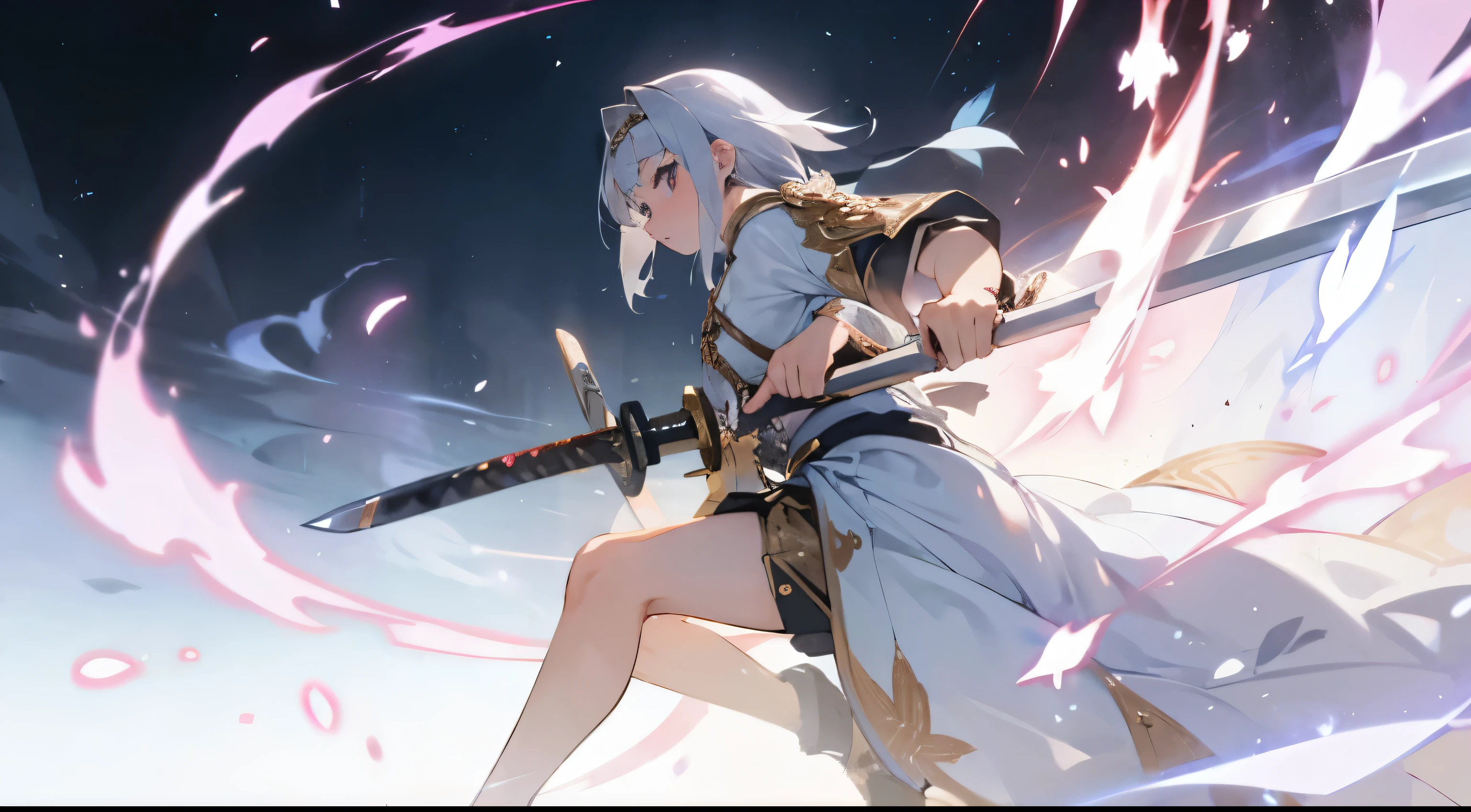Draw your sword　Large sword　beautiful girl　judgment　There are many different kinds of swords floating around.　Silver Hair　Flame Effect